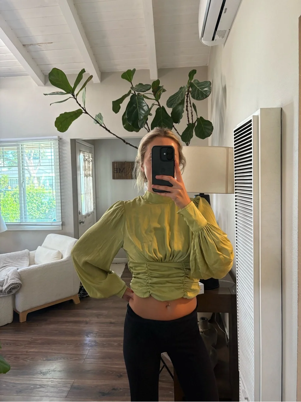 Free People Olive Green Ruched Waist Long-Sleeve Blouse
